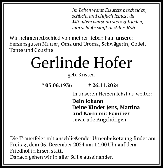 Todesanzeige von Gerlinde Hofer von HNA