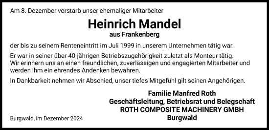 Todesanzeige von Heinrich Mandel von HNA