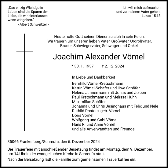 Todesanzeige von Joachim Alexander Vömel von HNA