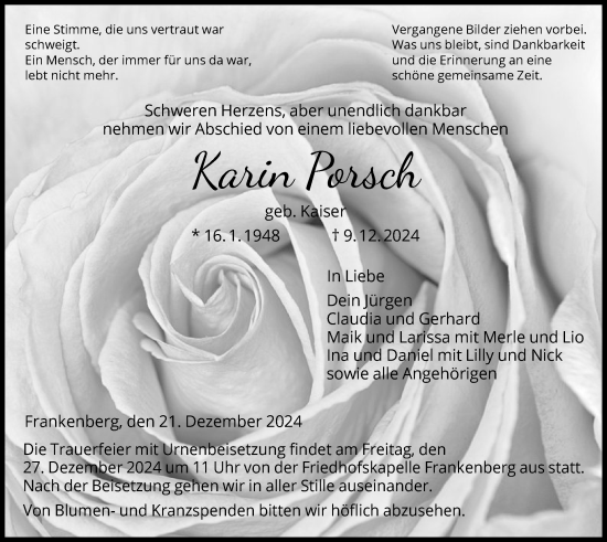 Todesanzeige von Karin Porsch von HNA