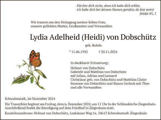 Todesanzeige von Lydia Adelheid von Dobschütz von HNA