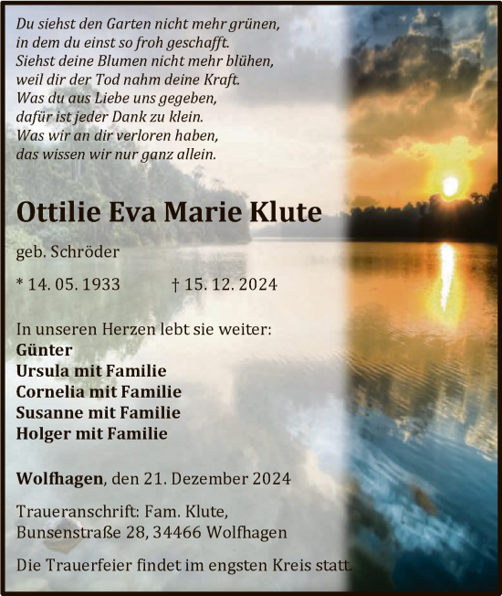 Todesanzeige von Ottilie  Klute von HNA