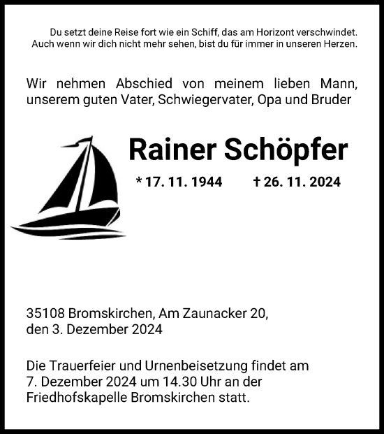 Todesanzeige von Rainer Schöpfer von HNA