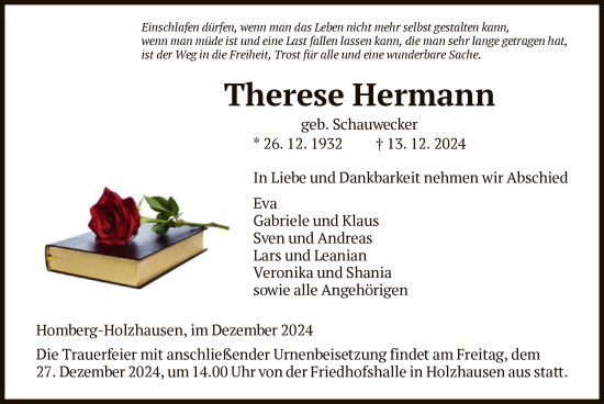 Todesanzeige von Therese Hermann von HNA