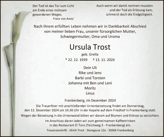 Todesanzeige von Ursula Trost von HNA