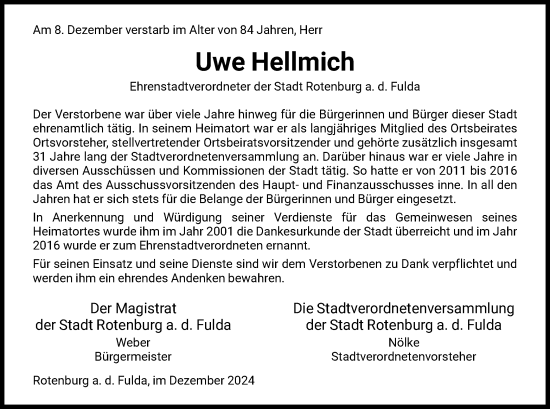 Todesanzeige von Uwe Hellmich von HNA