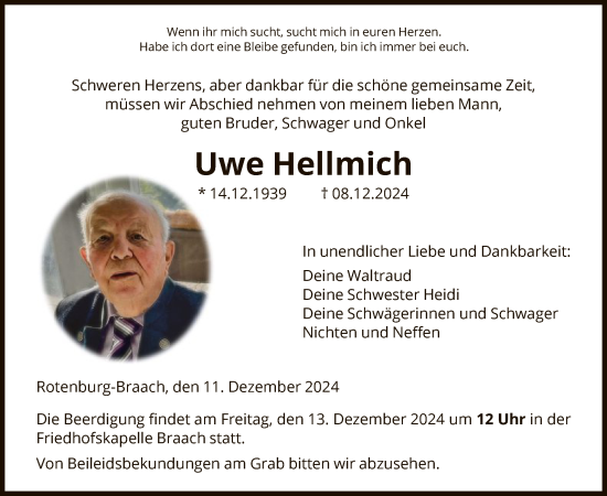 Todesanzeige von Uwe Hellmich von HNA