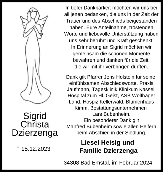 Todesanzeige von Sigrid Dzierzenga von HNA