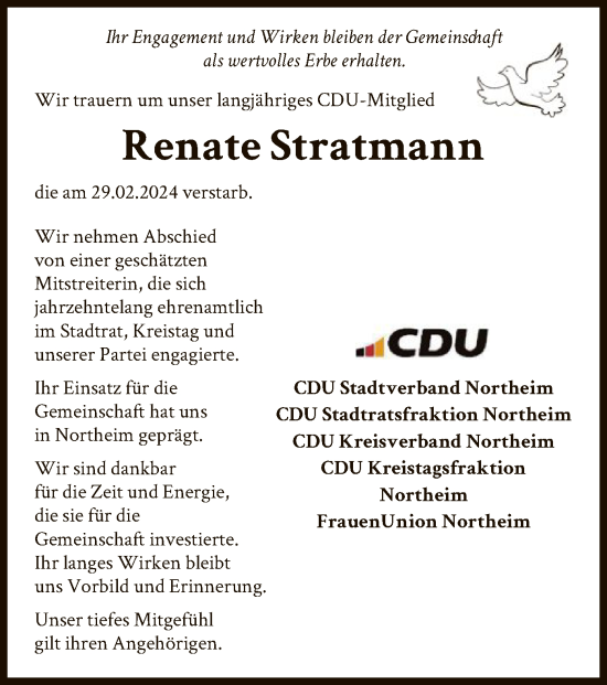 Todesanzeige von Renate Stratmann von HNA