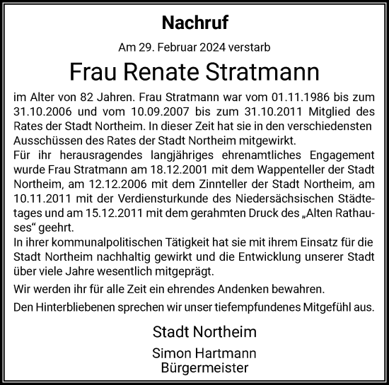 Todesanzeige von Renate Stratmann von HNA
