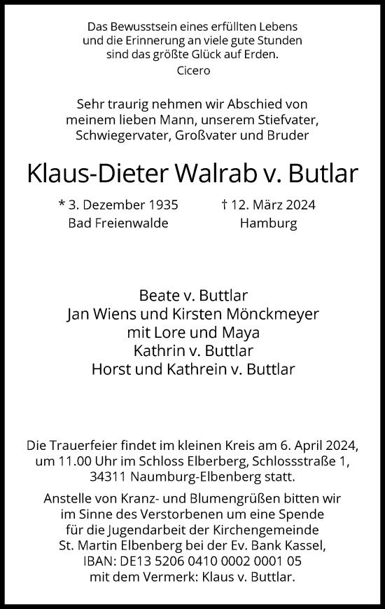 Todesanzeige von Klaus-Dieter Walrab v. Butlar von HNA