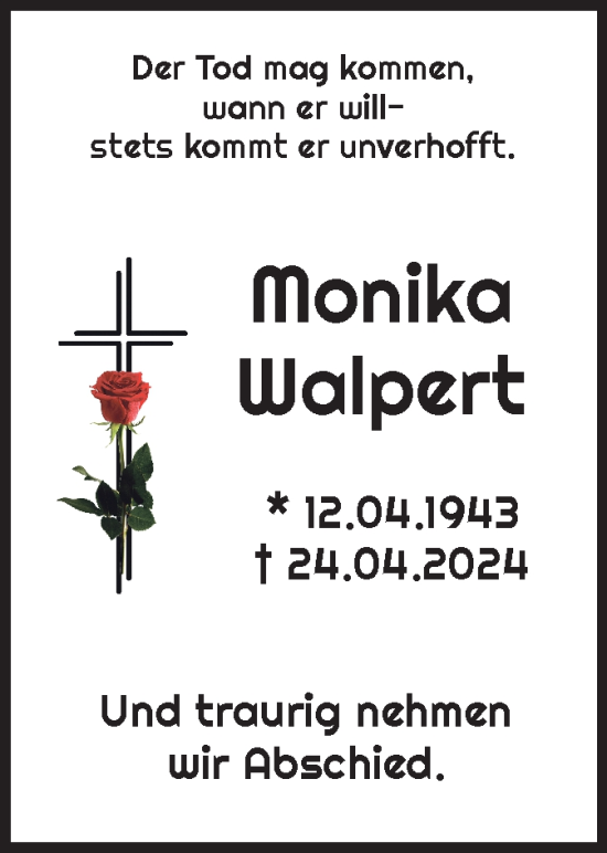 Todesanzeige von Monika Walpert von HNA