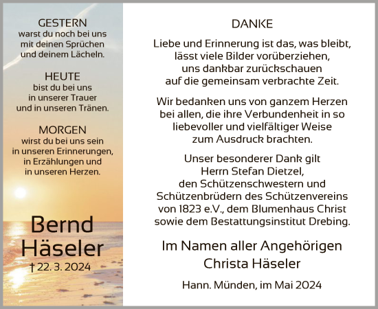 Todesanzeige von Bernd Häseler von HNA