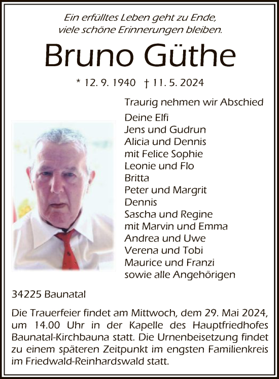 Todesanzeige von Bruno Güthe von HNA