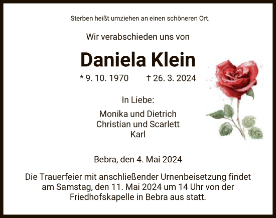 Todesanzeige von Daniela Klein von HNA