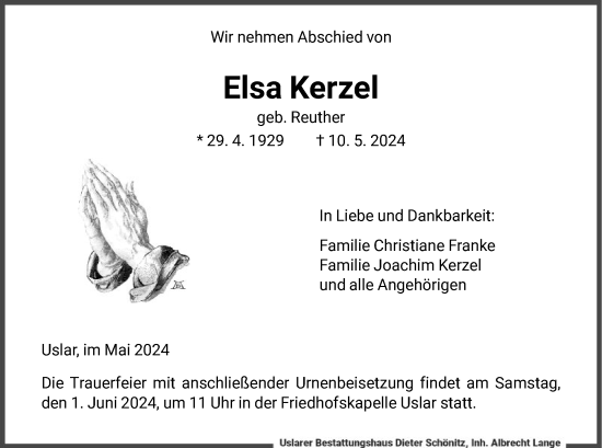 Todesanzeige von Elsa Kerzel von HNA