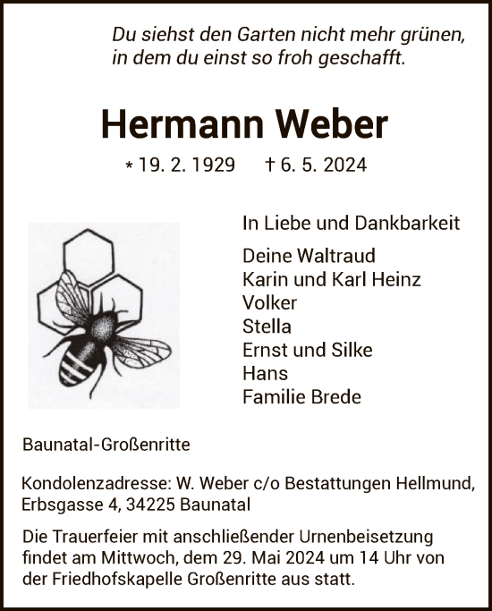 Todesanzeige von Hermann Weber von HNA
