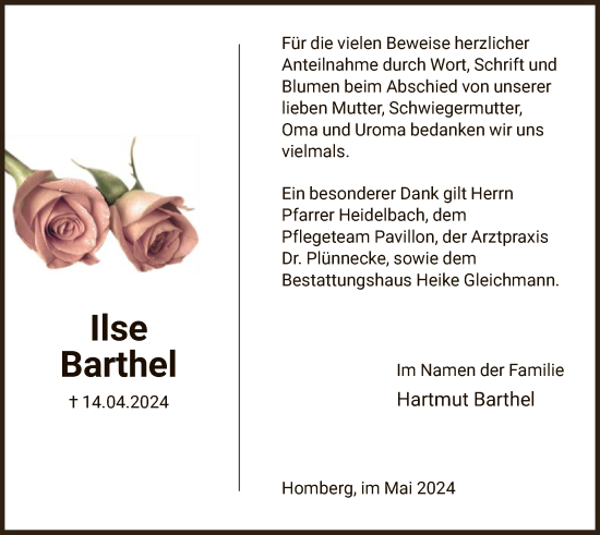 Todesanzeige von Ilse Barthel von HNAHNAHNA