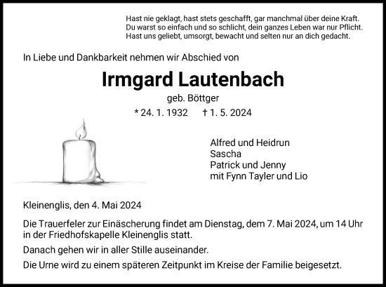 Todesanzeige von Irmgard Lautenbach von HNA