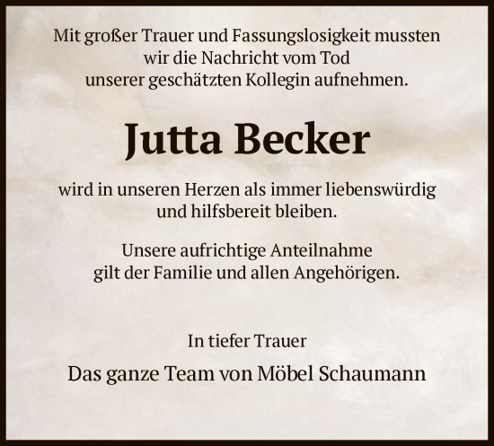 Todesanzeige von Jutta Becker von HNA