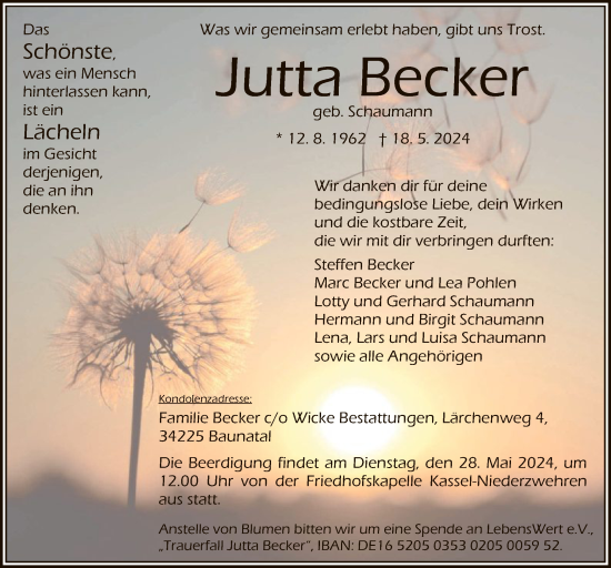 Todesanzeige von Jutta Becker von HNA