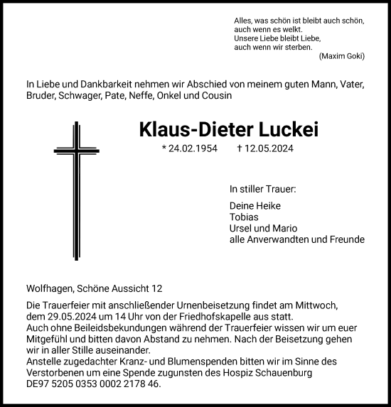 Todesanzeige von Klaus-Dieter Luckei von HNA