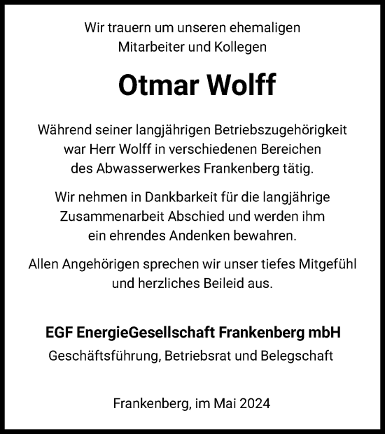 Todesanzeige von Otmar Wolff von HNA