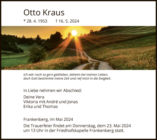 Todesanzeige von Otto Kraus von HNA
