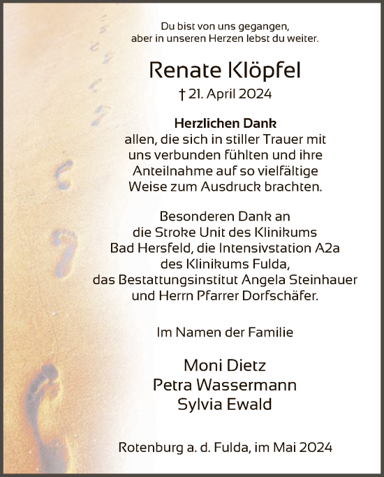 Todesanzeige von Renate Klöpfel von HNA