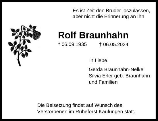 Todesanzeige von Rolf Braunhahn von HNA