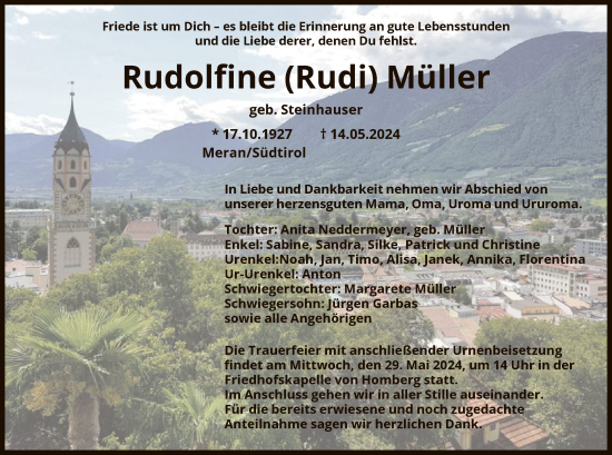 Todesanzeige von Rudolfine  Müller von HNAHNA