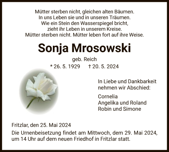 Todesanzeige von Sonja Mrosowski von HNA