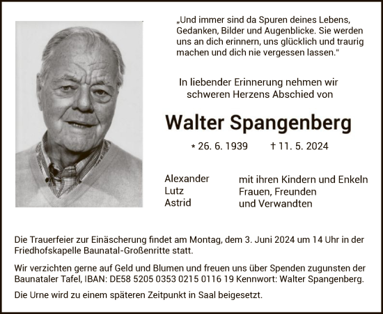 Todesanzeige von Walter Spangenberg von HNA