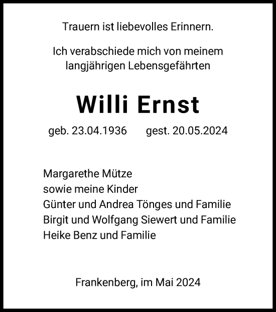 Todesanzeige von Willi Ernst von HNA