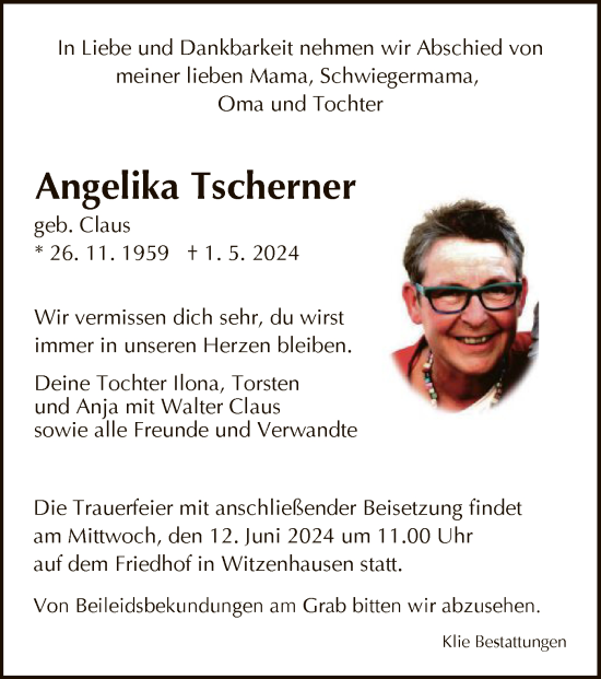 Todesanzeige von Angelika Tscherner von HNA