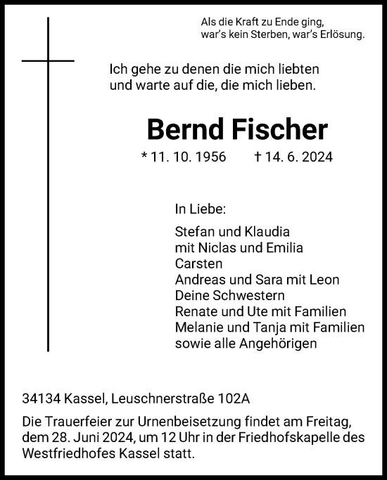 Todesanzeige von Bernd Fischer von HNA