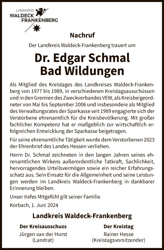 Todesanzeige von Edgar Schmal Bad Wildungen von WLZHNA