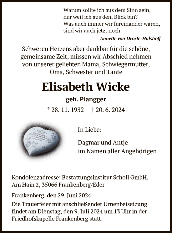 Todesanzeige von Elisabeth Wicke von HNA