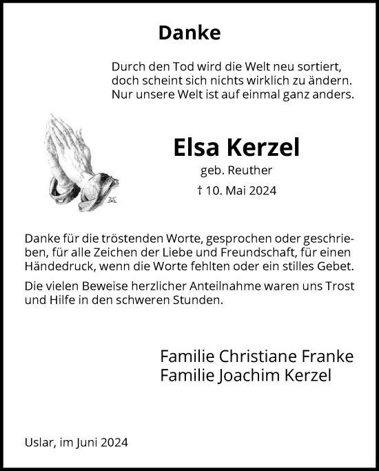 Todesanzeige von Elsa Kerzel von HNA