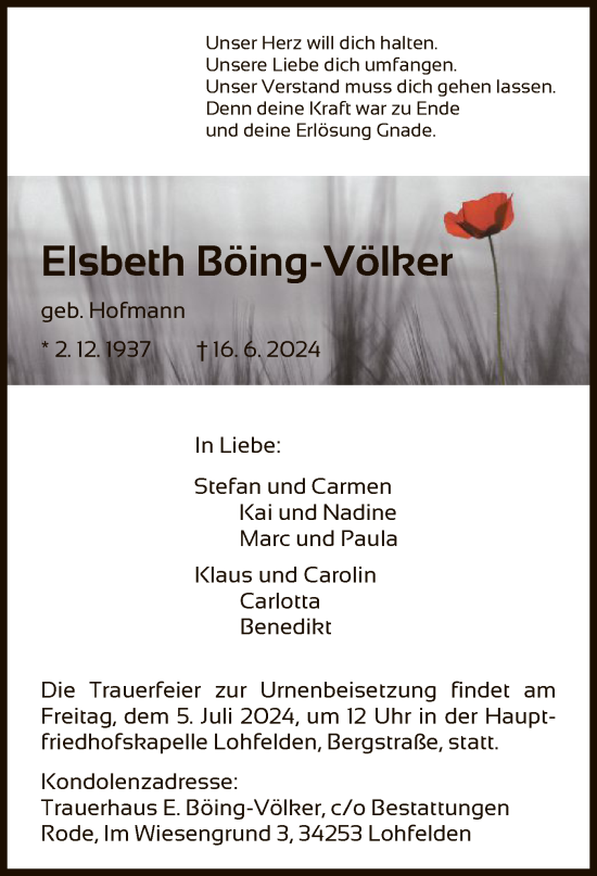 Todesanzeige von Elsbeth Böing-Völker von HNA