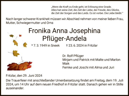 Todesanzeige von Fronika Anna Josephina Pflüger-Andela von HNA