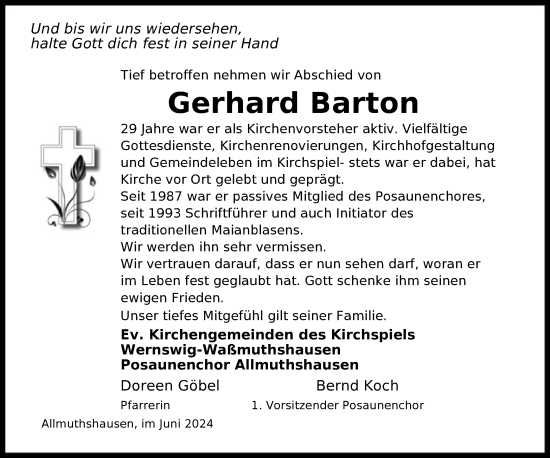 Todesanzeige von Gerhard Barton von HNA