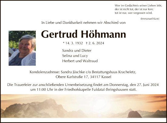 Todesanzeige von Gertrud Höhmann von HNA