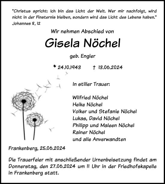 Todesanzeige von Gisela Nöchel von HNA
