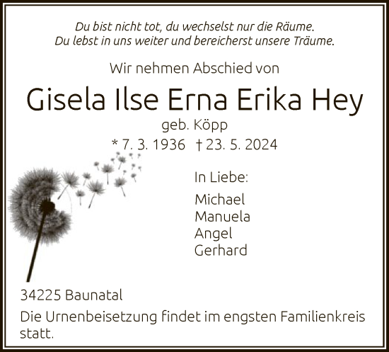 Todesanzeige von Gisela Ilse Erna Erika Hey von HNA