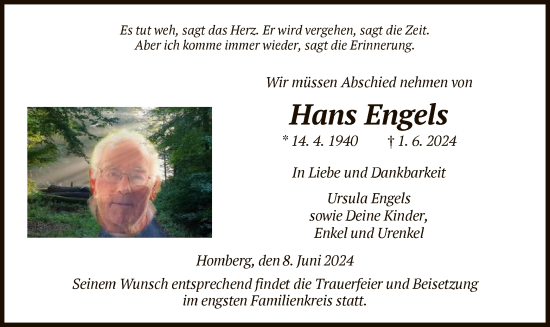 Todesanzeige von Hans Engels von HNA