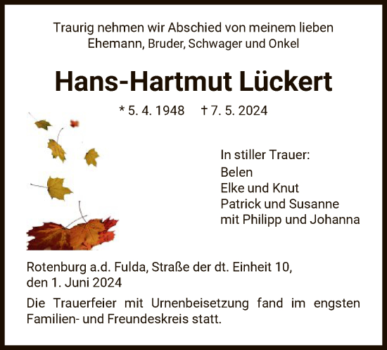 Todesanzeige von Hans-Hartmut Lückert von HNA