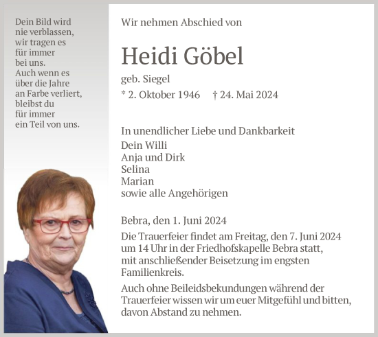 Todesanzeige von Heidi Göbel von HNAHNA