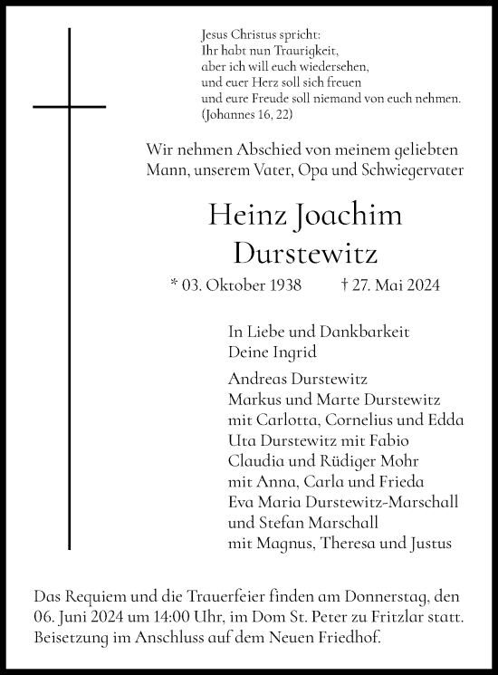 Todesanzeige von Heinz Joachim Durstewitz von HNA