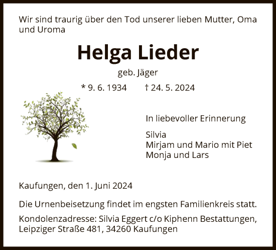 Todesanzeige von Helga Lieder von HNA